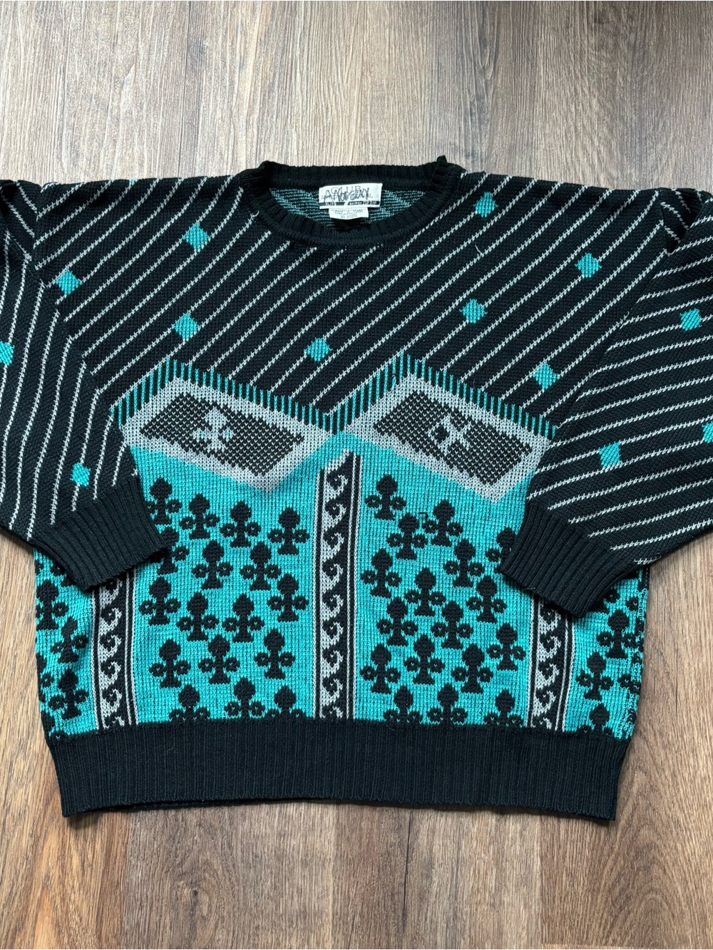 Vintage Black & Teal Patterned Crewneck Sweater - Men